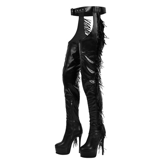 Black Side Fringe Stiletto Heeled Pant Boots | Onlymaker Customer Favorite