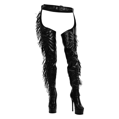 Black Side Fringe Stiletto Heeled Pant Boots | Onlymaker Customer Favorite