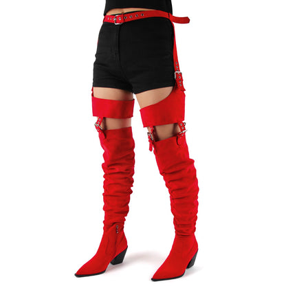 Suede Pleated Multi Buckle Chunky Heel Pant Boots | Onlymaker Customer Favorite