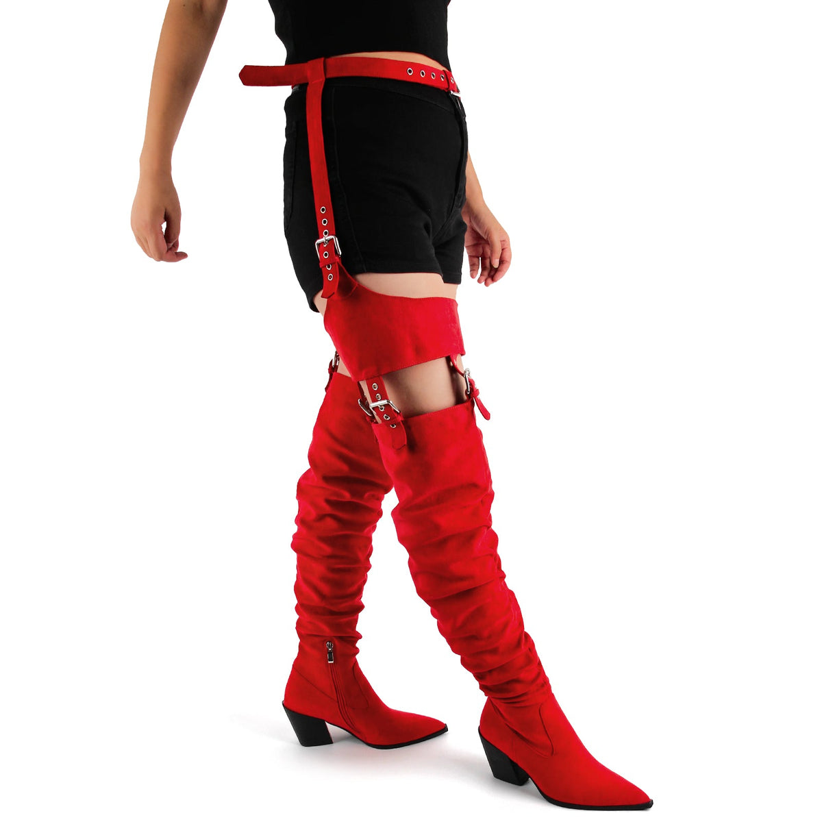 Suede Pleated Multi Buckle Chunky Heel Pant Boots | Onlymaker Customer Favorite