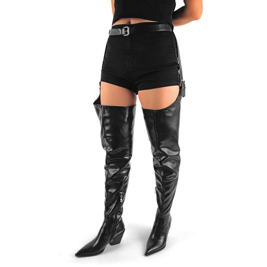 Pointed Toe Buckle Chunky Heel Pant Boots | Onlymaker Quality