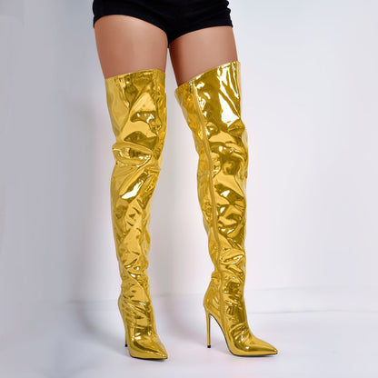 Metallic Pointed Toe Stiletto Over The Knee Boots | Onlymaker Deals