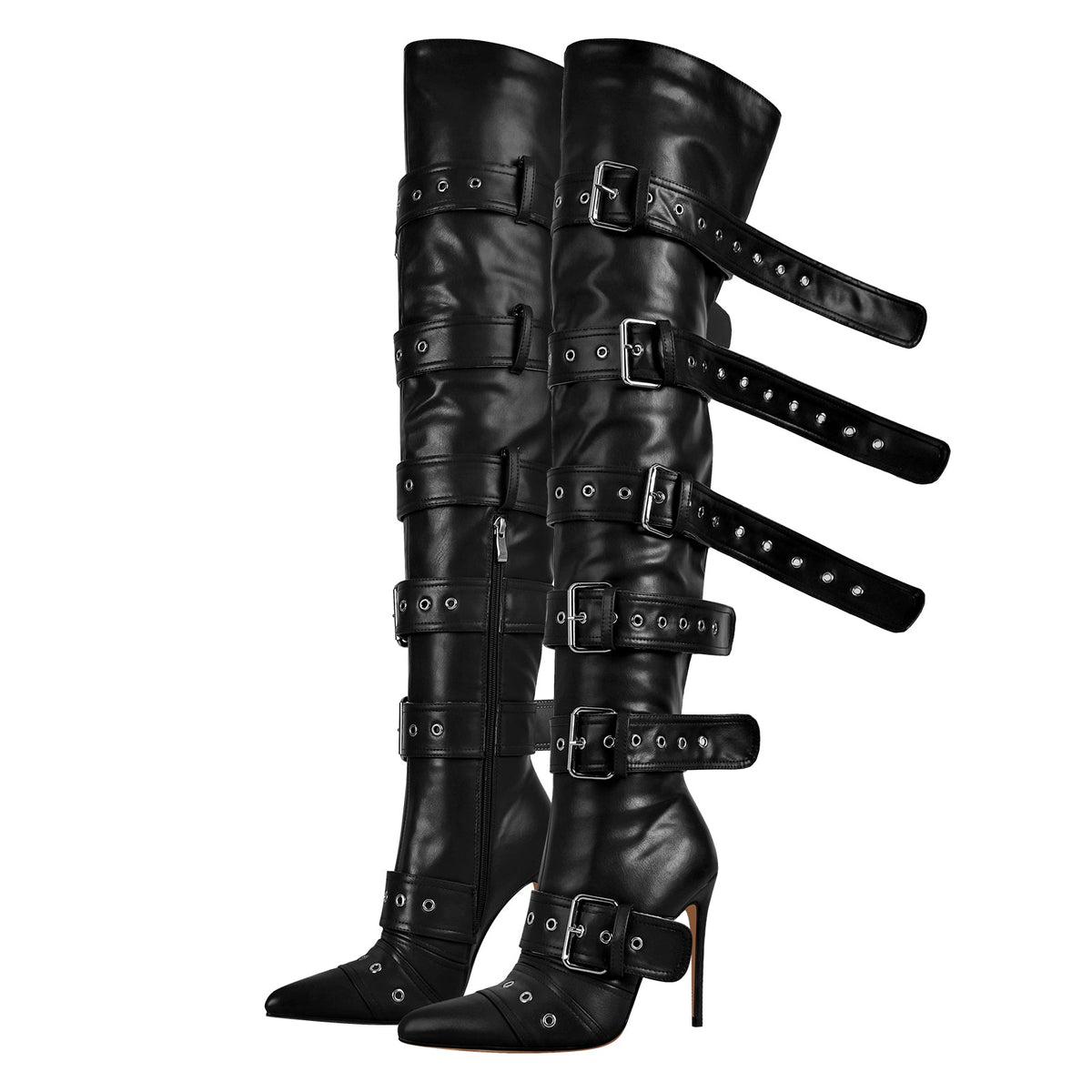 Multi Buckle Strap Thigh High Pointed Toe Stiletto Boots | Onlymaker Top Pick