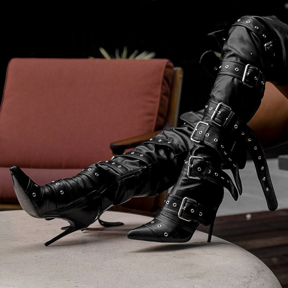 Multi Buckle Strap Thigh High Pointed Toe Stiletto Boots | Onlymaker Top Pick