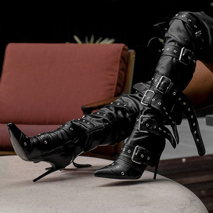 Multi Buckle Strap Thigh High Pointed Toe Stiletto Boots | Onlymaker Top Pick