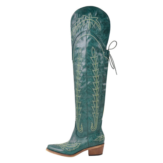 Embroidery Back Lace-up Over The Knee Western Boots | Onlymaker Deals