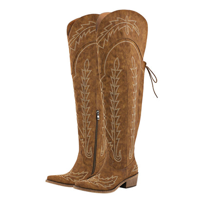 Embroidery Back Lace-up Over The Knee Western Boots | Onlymaker Deals