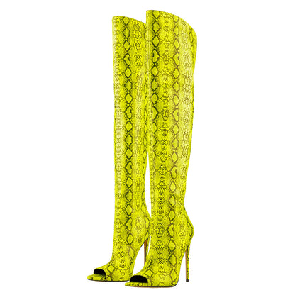 Open Toe Snake Fluorescent Color Stiletto High Heel Over The Knee Boot | Onlymaker Essential