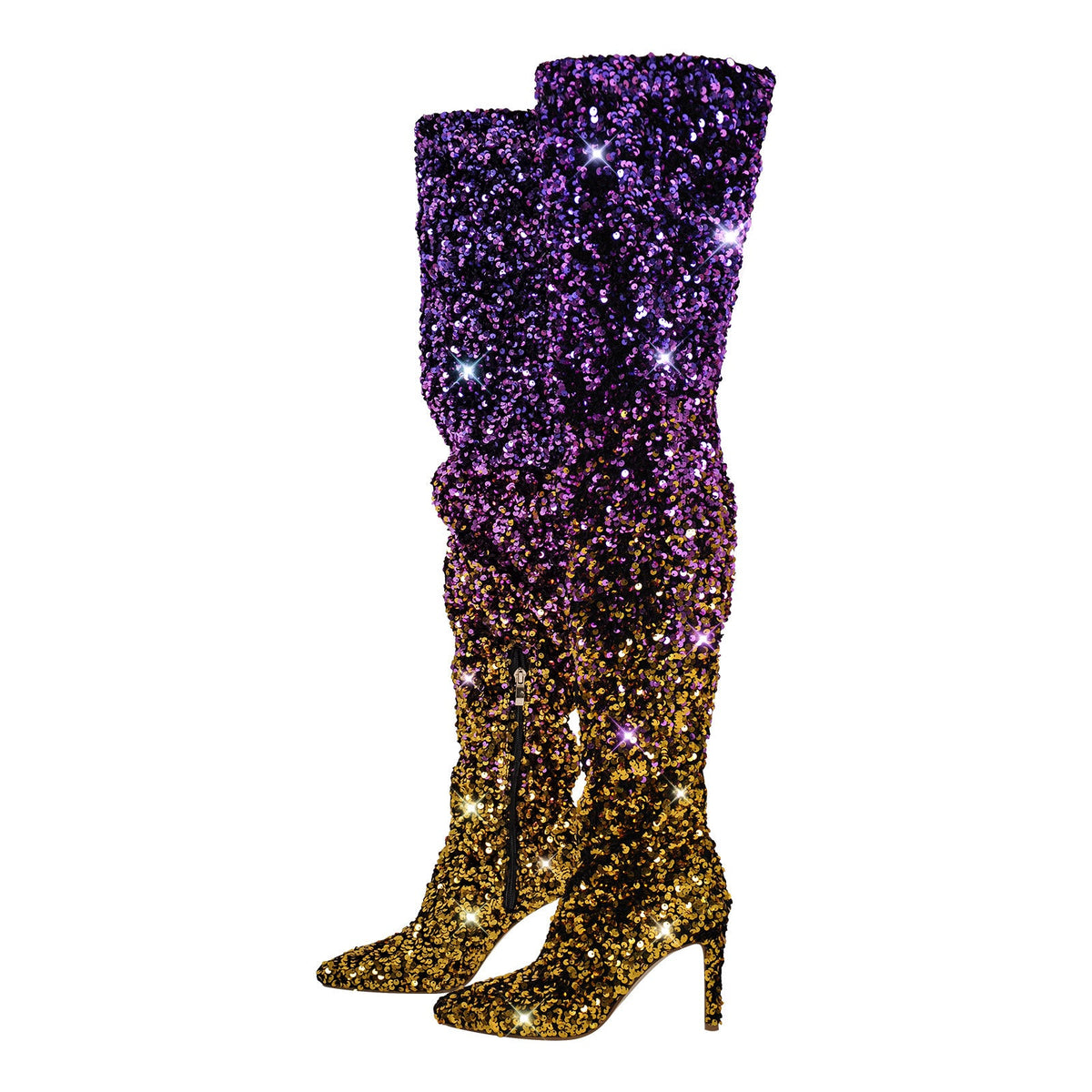 Sequins Gradient Color Pointed Toe Thigh High Stiletto Boots | Onlymaker Hot Sale