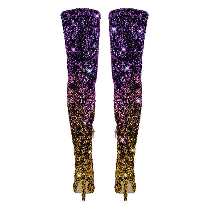 Sequins Gradient Color Pointed Toe Thigh High Stiletto Boots | Onlymaker Hot Sale