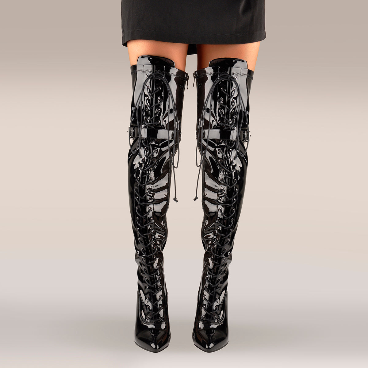 Patent Leather Lace up Over the Knee Motorcycle Boots | Onlymaker Deals