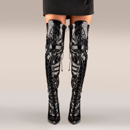 Patent Leather Lace up Over the Knee Motorcycle Boots | Onlymaker Deals