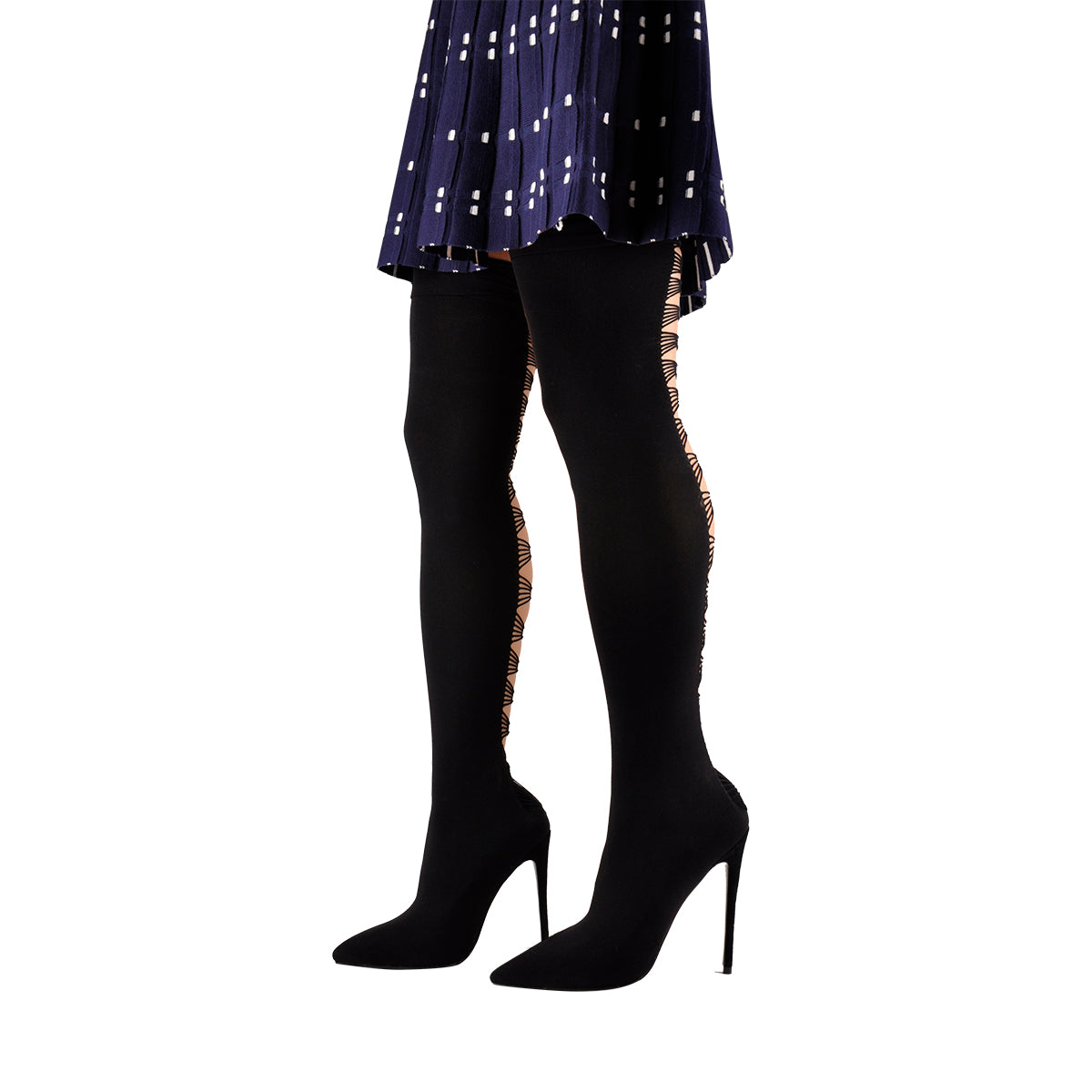 Thigh High Pointy Toe Stiletto Stretch Back Hollow Out Stocking Bootie | Onlymaker Latest