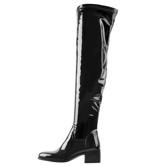 Black Patent Leather Over The Knee Boots | Onlymaker Top Pick