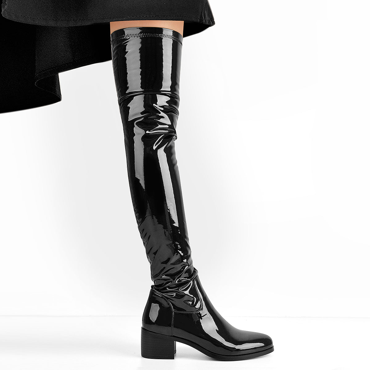 Black Patent Leather Over The Knee Boots | Onlymaker Top Pick