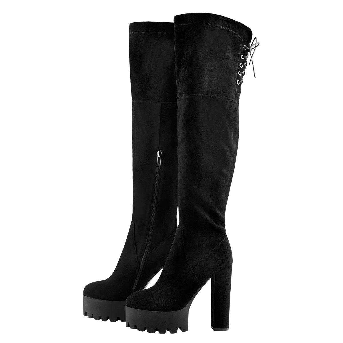 Faux Suede Lace Up Round Toe Thigh High Winter Bootie | Onlymaker Latest