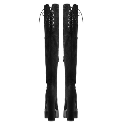 Faux Suede Lace Up Round Toe Thigh High Winter Bootie | Onlymaker Latest