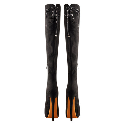 Black Suede Round Toe Platform Over The Knee Boots | Onlymaker Best Price