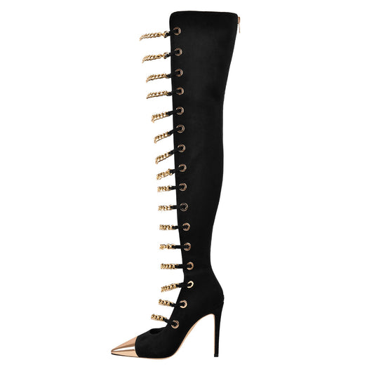Metal Chain Pointed Toe Over The Knee High Boots | Onlymaker Trending