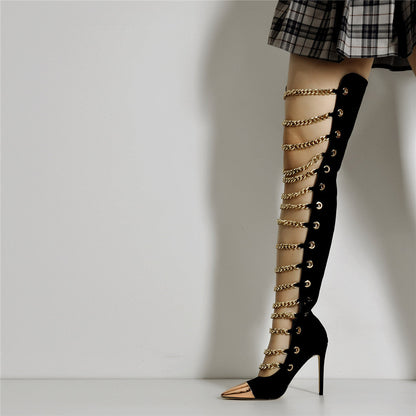 Metal Chain Pointed Toe Over The Knee High Boots | Onlymaker Trending