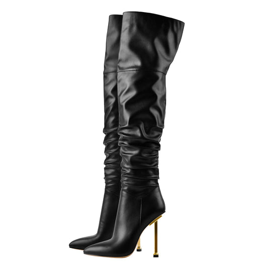 Pointed Toe Matte Black Metal Heels Stiletto Thigh Boots | Onlymaker Essential