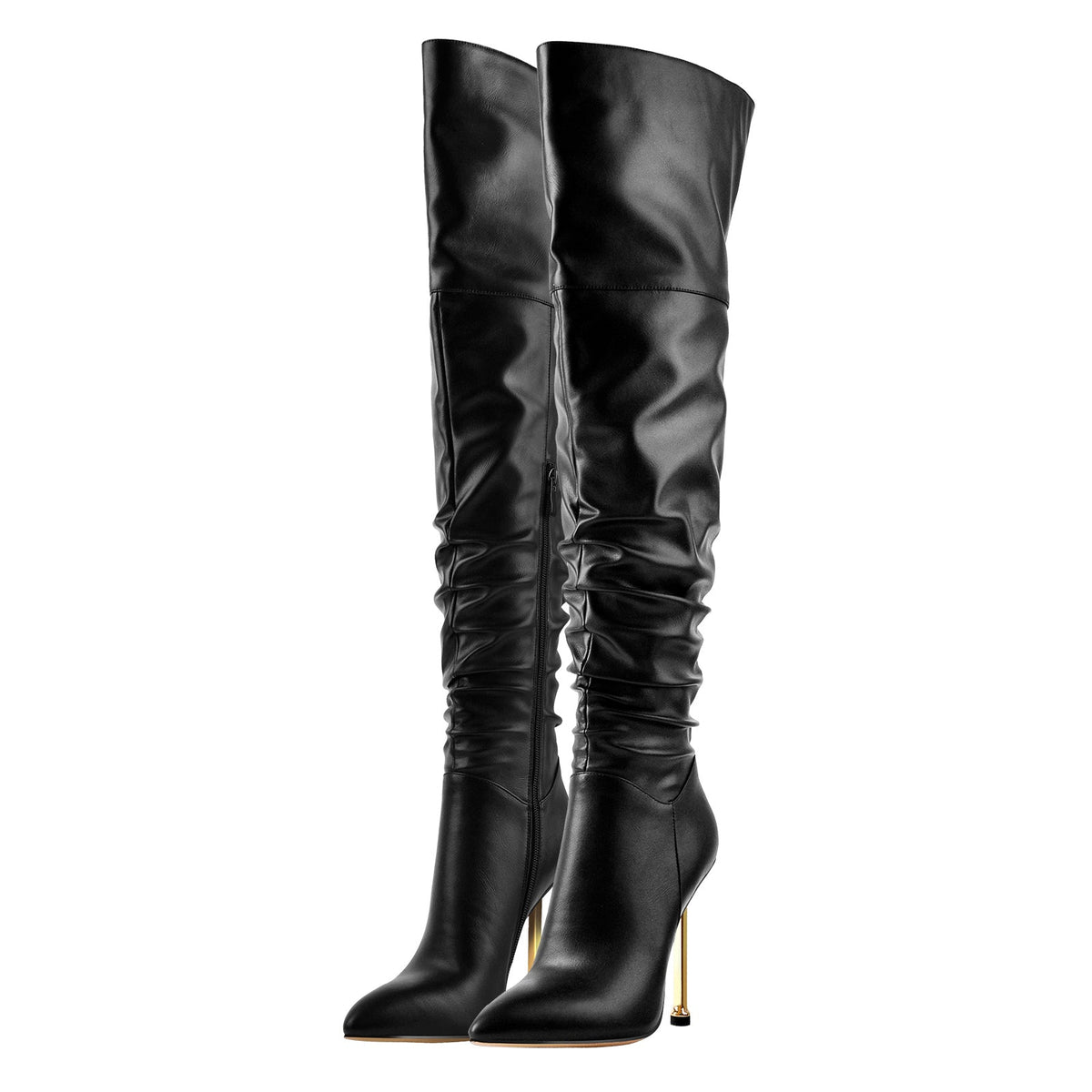 Pointed Toe Matte Black Metal Heels Stiletto Thigh Boots | Onlymaker Essential