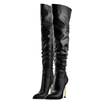 Pointed Toe Matte Black Metal Heels Stiletto Thigh Boots | Onlymaker Essential