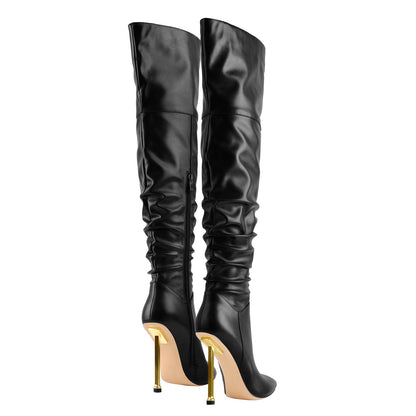 Pointed Toe Matte Black Metal Heels Stiletto Thigh Boots | Onlymaker Essential