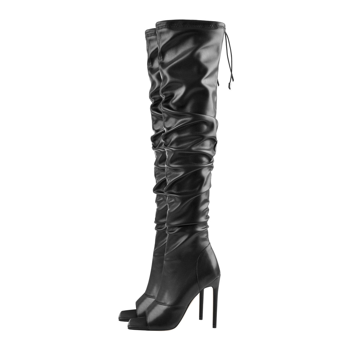 Black Open Square Toe Over The Knee Stiletto Zipper Boots | Onlymaker Popular