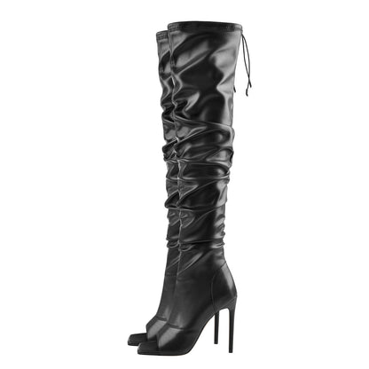 Black Open Square Toe Over The Knee Stiletto Zipper Boots | Onlymaker Popular