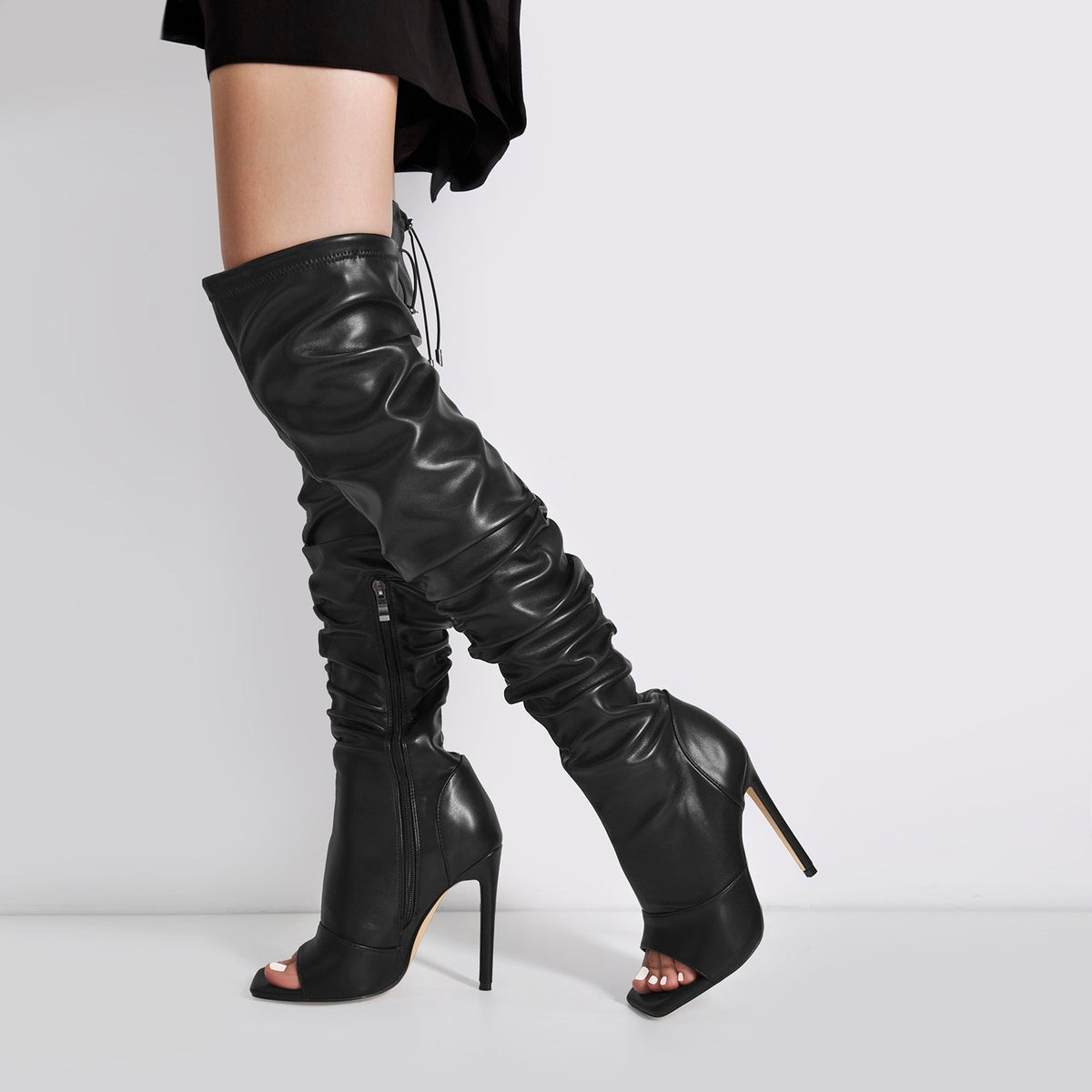 Black Open Square Toe Over The Knee Stiletto Zipper Boots | Onlymaker Popular