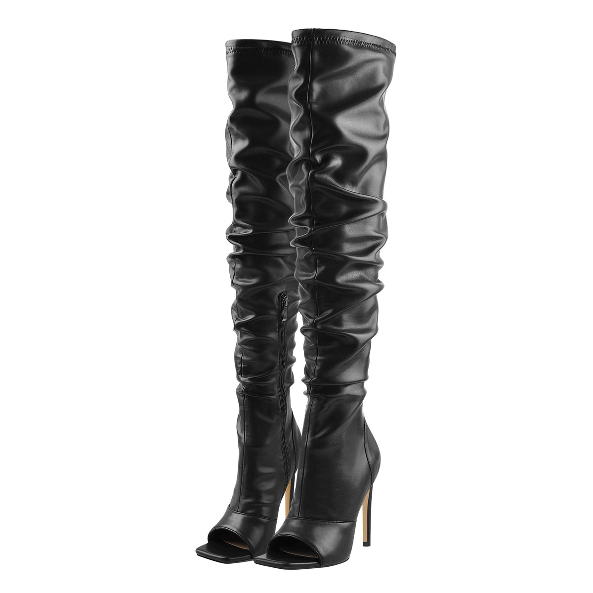Black Open Square Toe Over The Knee Stiletto Zipper Boots | Onlymaker Popular