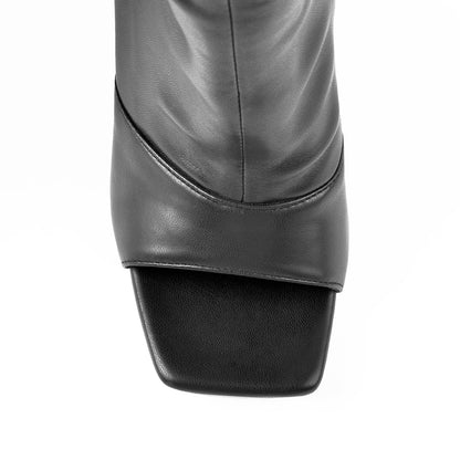 Black Open Square Toe Over The Knee Stiletto Zipper Boots | Onlymaker Popular
