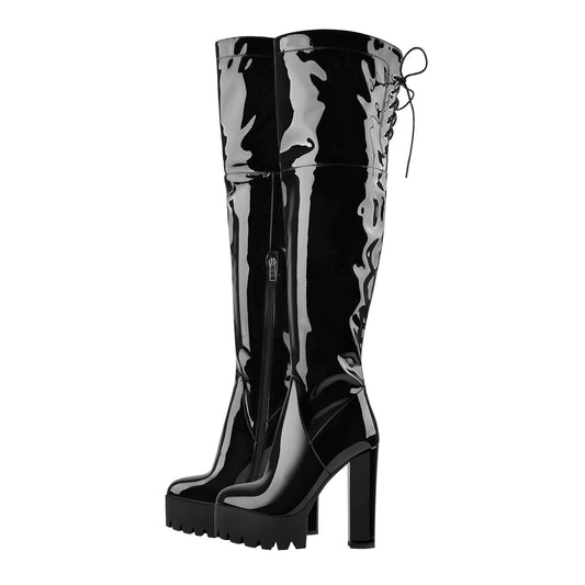 Patent Black Platform Lace Up Chunky Heels Thigh Boots | Onlymaker Smart Buy