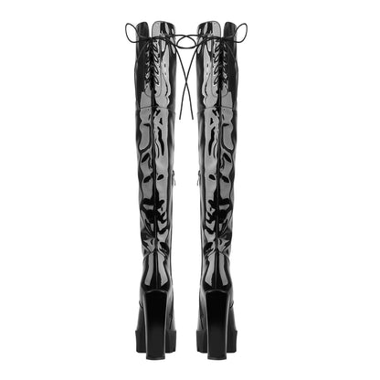 Patent Black Platform Lace Up Chunky Heels Thigh Boots | Onlymaker Smart Buy