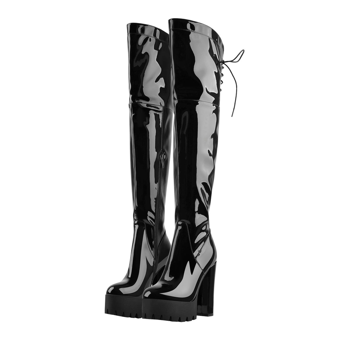 Patent Black Platform Lace Up Chunky Heels Thigh Boots | Onlymaker Smart Buy