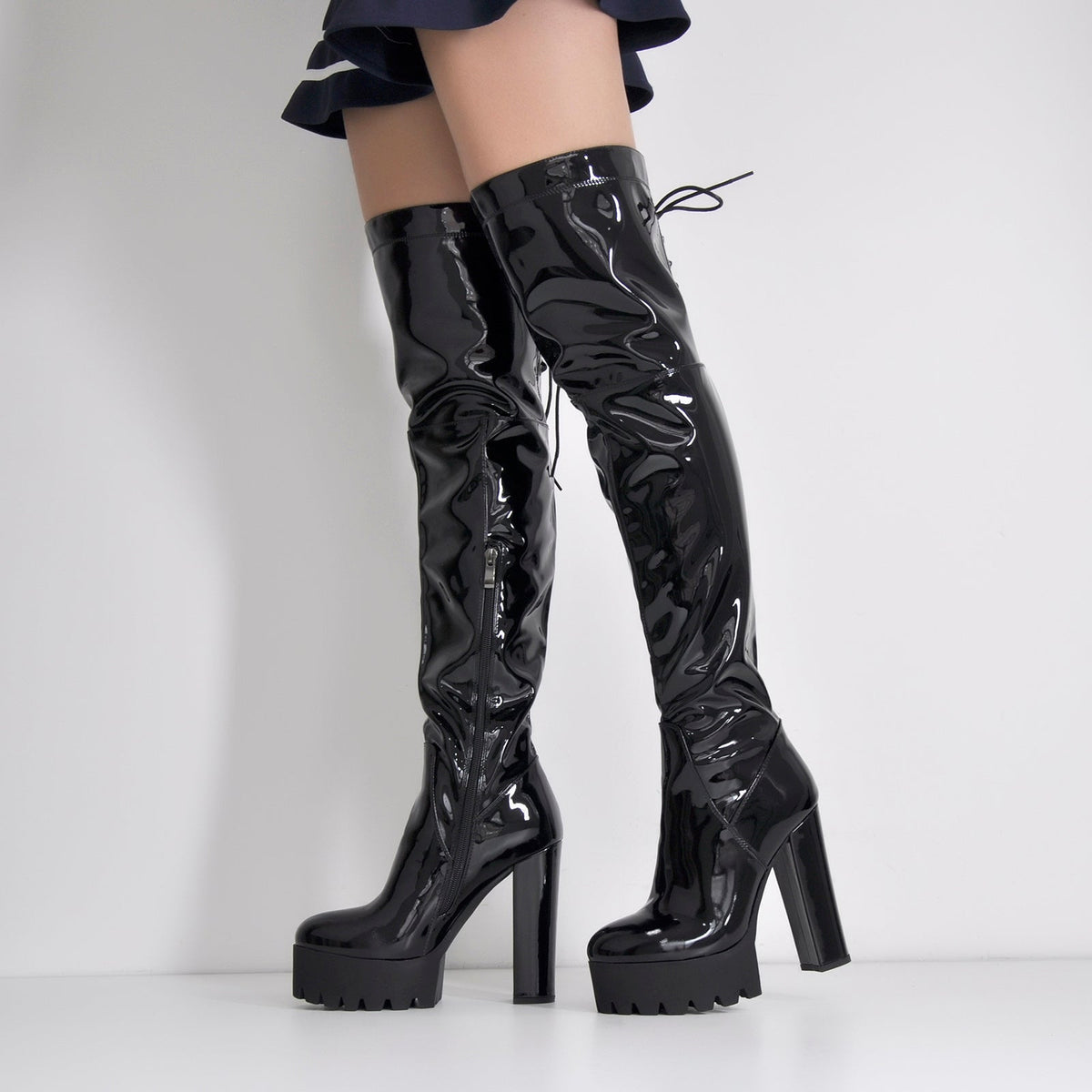 Patent Black Platform Lace Up Chunky Heels Thigh Boots | Onlymaker Smart Buy