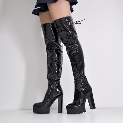 Patent Black Platform Lace Up Chunky Heels Thigh Boots | Onlymaker Smart Buy
