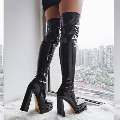Patent Platform Chunky Over The Knee Thigh Boots | Onlymaker Premium