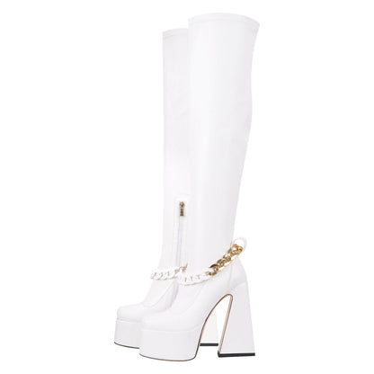 Square Toe Metal Chain Chunky Thigh Boots | Onlymaker Deals