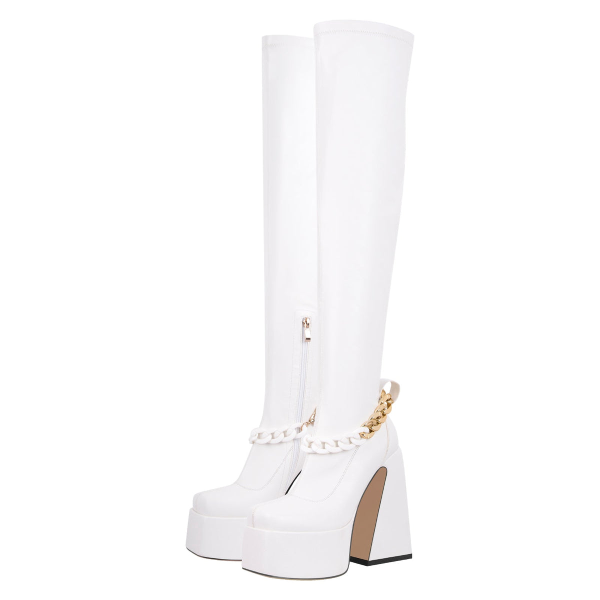 Square Toe Metal Chain Chunky Thigh Boots | Onlymaker Deals