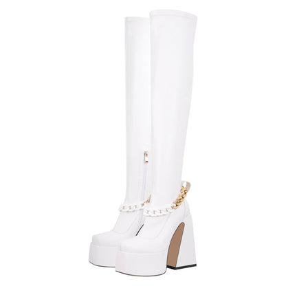 Square Toe Metal Chain Chunky Thigh Boots | Onlymaker Deals