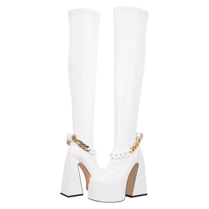 Square Toe Metal Chain Chunky Thigh Boots | Onlymaker Deals