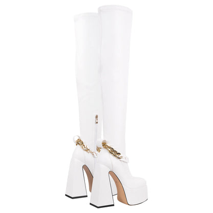 Square Toe Metal Chain Chunky Thigh Boots | Onlymaker Deals