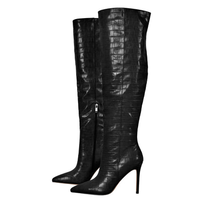 Stone Print Pointed Toe Stiletto Thigh High Boots | Onlymaker Popular