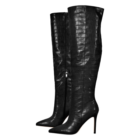 Stone Print Pointed Toe Stiletto Thigh High Boots | Onlymaker Popular