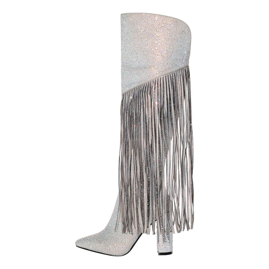 Pointed Toe Rhinestone Tassels Over The Knee Boots | Onlymaker Smart Buy