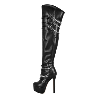 Chain Round Toe Platform Stilettos Over The Knee Boots | Onlymaker Best Seller