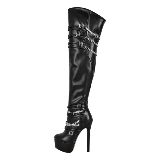 Chain Round Toe Platform Stilettos Over The Knee Boots | Onlymaker Best Seller