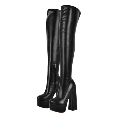 Platform Round Toe Chunky Heels Over The Knee Boots | Onlymaker Premium